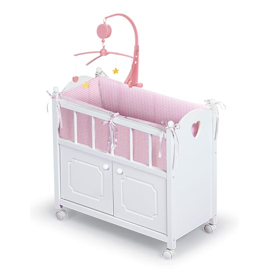Badger Basket White & Pink Cabinet Doll Crib with Gingham Bedding